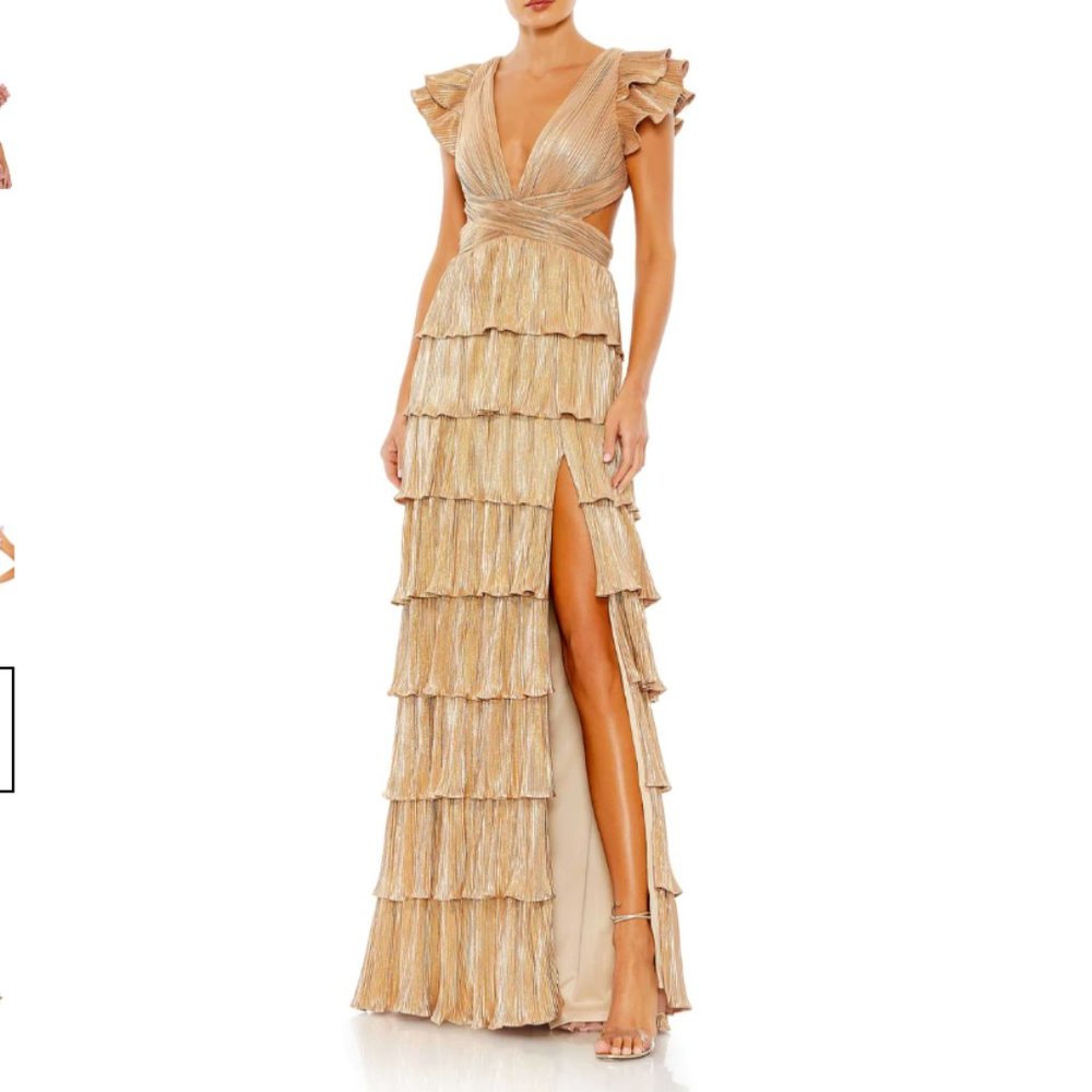 Mac Duggal Cutout Ruffle Tiered Gown Gold